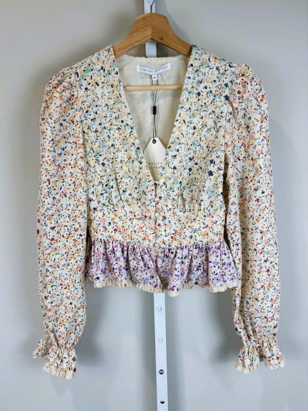 English Factory Floral Eyelet Cotton Peplum Top V-Neck Long Sleeve XS